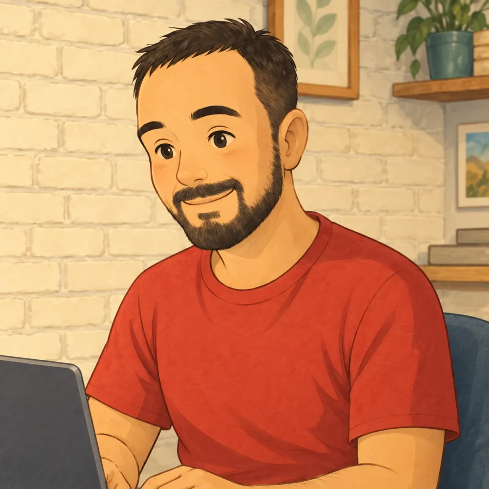 Illustrated portrait of Alok Tomar working at a laptop